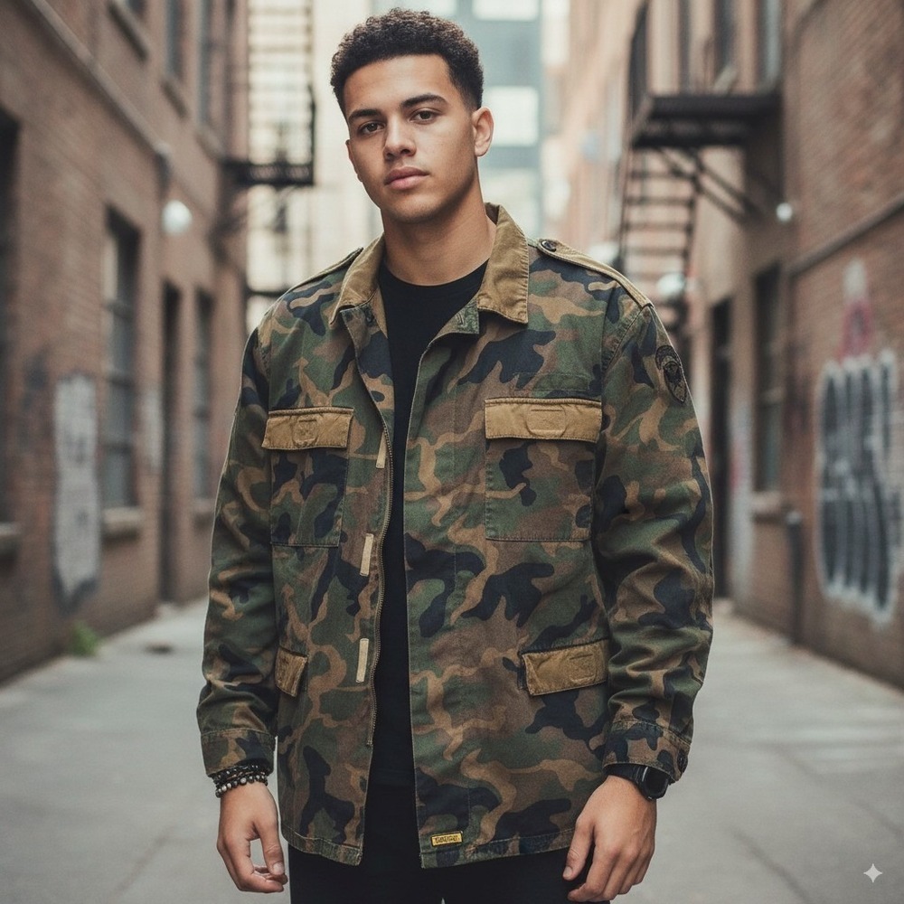 Guess Jacket Military Men XL Olive Green Camouflage Cotton Full Zip Flap Pockets